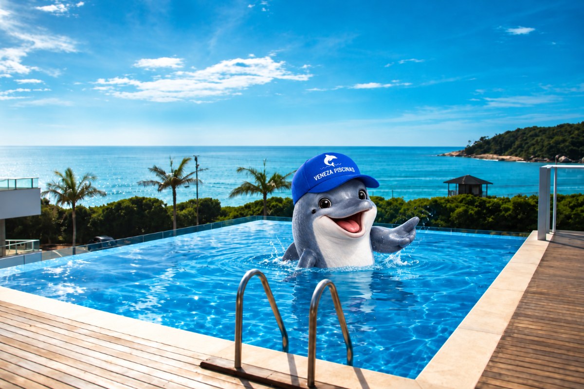 Pingo na piscina de borda infinita com vista para o mar